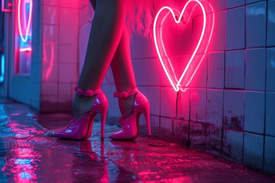 Vibrant neon heart symbol illuminated sign with woman in stylish pink high heels standing below