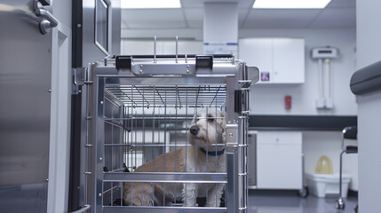 dog in a cage at a veterinary clinic, pet care, pet health, veterinary care, animal hospital