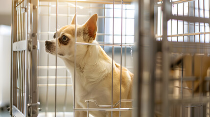 dog in a cage at a veterinary clinic, pet care, pet clinic, welfare
