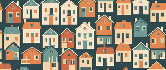 Repeating pattern of drawn family houses on a green background, retro wallpaper with noise