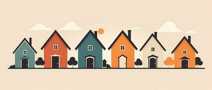 Repeating pattern of drawn family houses on a cream background, retro wallpaper with noise