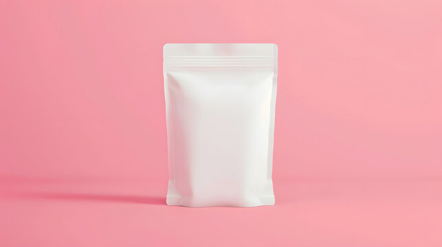 White blank pouch package doypack, pink background with palm leaf shadows, product packaging, branding, marketing, white pouch bag