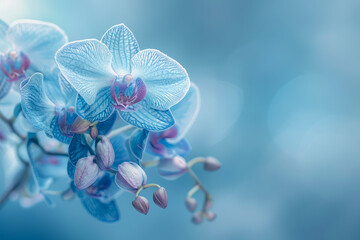 A delicate branch of blue orchids against a soft, blue and white background, capturing the beauty...