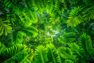 An upward view beneath a dense tropical forest, with the sun casting light on the rich greens and creating a dynamic contrast with the sky