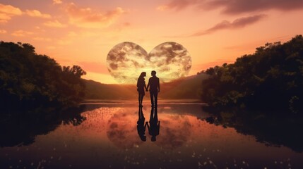 silhouette of wedding couple in beautiful sunset, AI generated