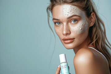 A confident model promoting a blemish-fighting gel, her clear, blemish-free skin a testament to the product's effectiveness.  full ultra hd, high resolution - obrazy, fototapety, plakaty