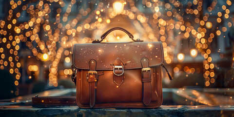 An elegant leather satchel centered with a warm, magical shimmer against a backdrop of soft, golden bokeh lights