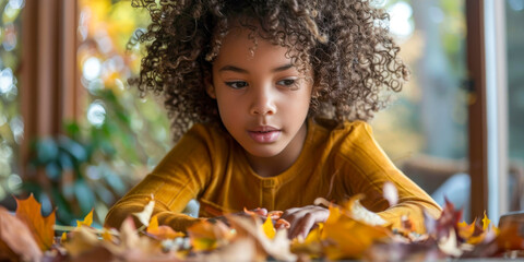 Young girl with curly hair concentrating on crafting with autumn leaves on a well-lit wooden table - obrazy, fototapety, plakaty