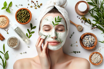 A natural beauty applying a nourishing face mask, surrounded by botanicals and organic ingredients, embodying the essence of clean skincare.  full ultra hd, high resolution