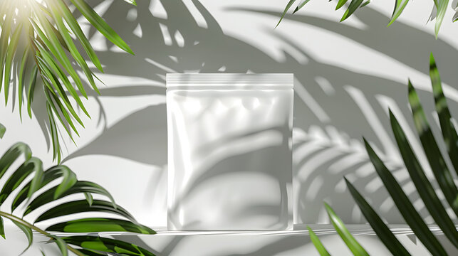 Mockup white blank pouch package doypack, white background with palm leaf shadows