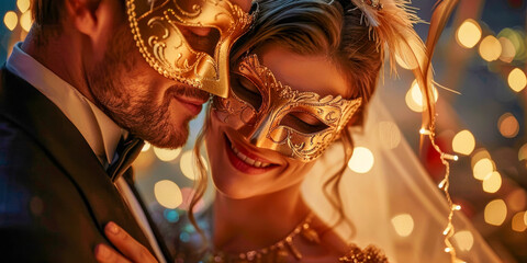 Sophisticated couple dressed in elegant evening attire wearing ornate golden masquerade masks with feathers, posing in a dimly lit ambiance.