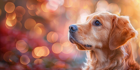 A gentle golden retriever puppy looks contemplatively into the distance against a dreamy, sunlit bokeh background.