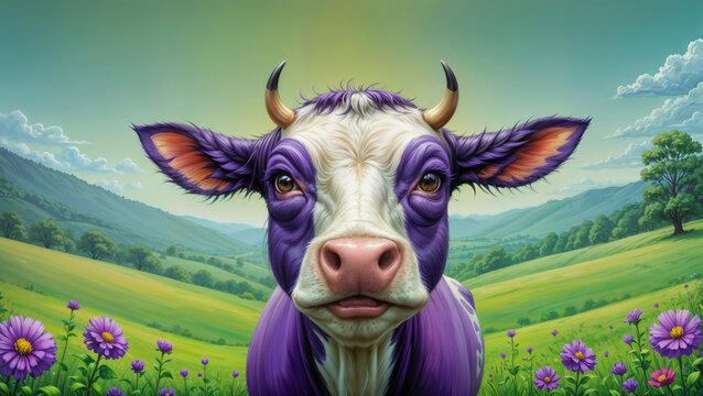 Purple Jersey cow on a hill with green grass in a rural farm field, surrounded by purple spring season flowers, happy and healthy living her best life in the countryside.	