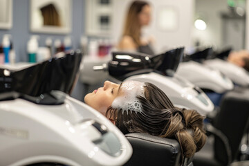 Amidst the hum of blow dryers and the scent of hair products, customers at the salon indulge in scalp massages as part of their rejuvenating hair treatments.  full ultra hd, high resolution - Powered by Adobe
