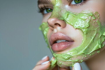 Close up of face of beautiful model with green eyes and white facial skin applying avocado mask  full ultra hd, high resolution