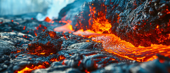 Dramatic close-up of glowing molten lava flow against a dimming - obrazy, fototapety, plakaty