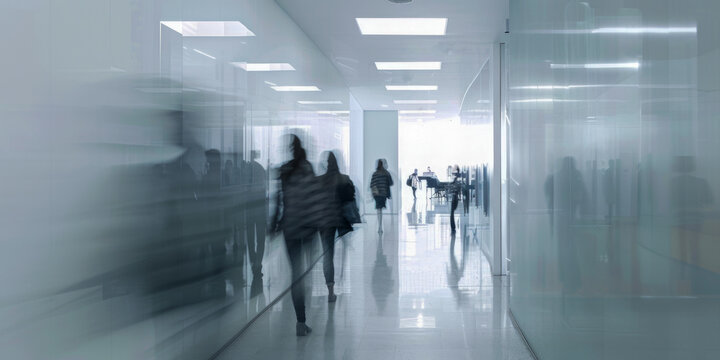 This photo captures a blurred image of people walking in an office setting. The individuals appear to be busy and on the move within the workplace environment