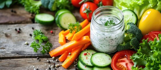 Fresh vegetables and homemade ranch dressing in a mason jar.