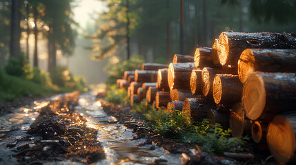pieces of tree trunks in the middle of the forest - Powered by Adobe