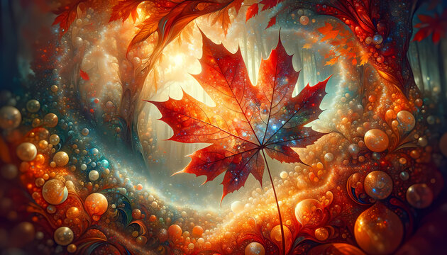 Enchanted Autumn: Mystical Maple Leaf in a Dreamy Forest