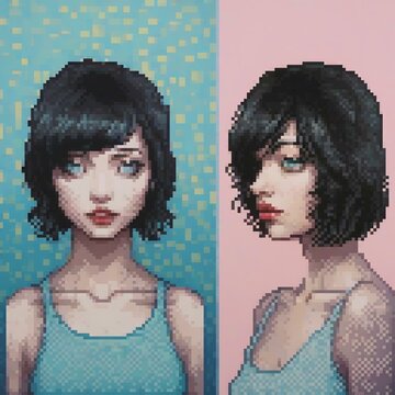 Two pixel art images of a woman, one with a blue tank top and the other with a pink background.