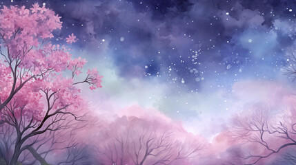 Hand drawn beautiful watercolor illustration of peach blossoms blooming outdoors at spring night
