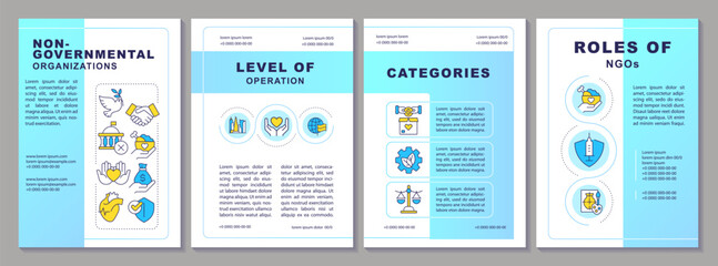 Non governmental organizations blue gradient brochure template. Leaflet design with linear icons. Editable 4 vector layouts for presentation, annual reports. Arial-Black, Myriad Pro-Regular fonts used - obrazy, fototapety, plakaty