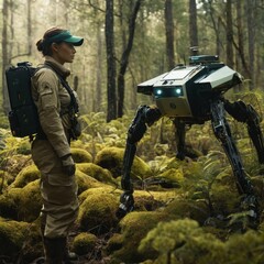 A robot with a quadrupedal design stands beside its human companion in a lush forest, a representation of technology in harmony with nature. - obrazy, fototapety, plakaty