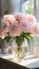 a bouquet of peonies in a glass vase on the table