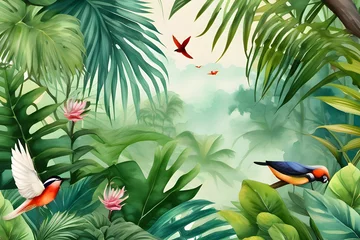 Poster painting of parrots in the wild with the background of the forest    © Azra
