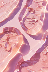 close-up swatches of transparent gel and serum cosmetic textures on a pastel pink background with a play of light and shadow	