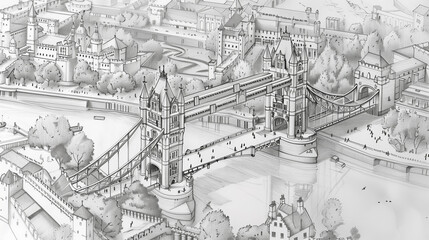 Fototapeta premium Detailed illustration of an iconic bridge and surrounding cityscape.