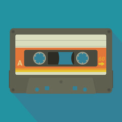 Old magnetic tape audio cassette with its label on side A in flat design style on blue background with long shadow