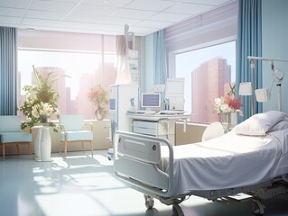 Empty hospital room with bed. Hospital ward, health care. - obrazy, fototapety, plakaty