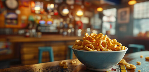 many rings of cereal in a bowl prepared for breakfast on the background of a cozy kitchen - obrazy, fototapety, plakaty