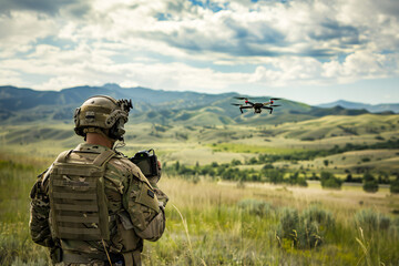 A soldier uses a drone for reconnaissance during a military operation - obrazy, fototapety, plakaty