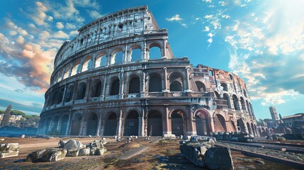 The Colosseum's grandeur on full display, its detailed arches shining in the noonday Roman sun - obrazy, fototapety, plakaty