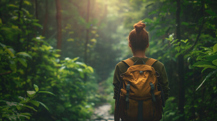 
A traveler standing at the edge of a lush forest, backpack slung over their shoulder, gazing out at a winding path disappearing into the trees
