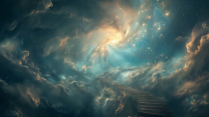 the way to god going into the sky, merging with the clouds and stars, going to another world, religion - obrazy, fototapety, plakaty