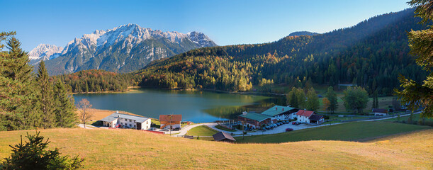 beautiful lake  Lautersee panorama  with Karwendel alps, view from hiking trail