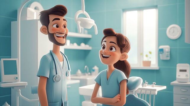 dental office with friendly characters, modern equipment and qualified clinic staff