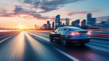 a modern electric car speeding along a highway at dusk, captured with motion blur to convey a sense of swift - obrazy, fototapety, plakaty