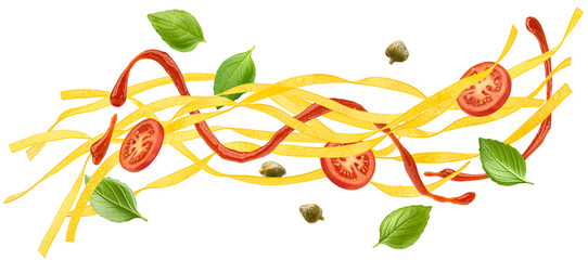 Fettuccine pasta with tomato sauce and basil leaves isolated on white background - 768692344