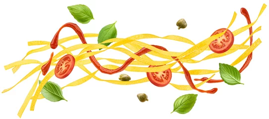 Keuken spatwand met foto Fettuccine pasta with tomato sauce and basil leaves isolated on white background © xamtiw