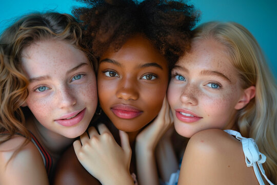 Portrait of 4 girls from different race skin color showing their face glowing skin