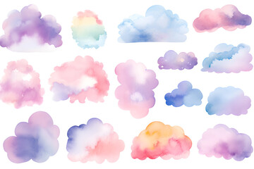 Watercolor pastel colors clouds illustrations collection isolated on white