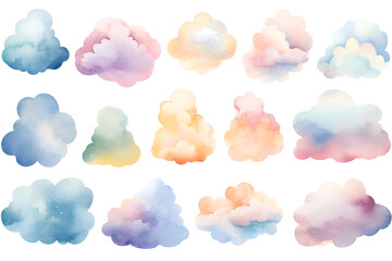 Watercolor pastel colors clouds illustrations collection isolated on white