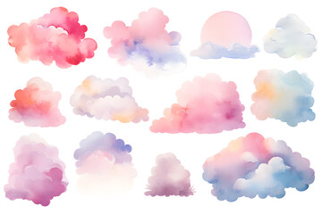 Obraz premium Watercolor pastel colors clouds illustrations collection isolated on white