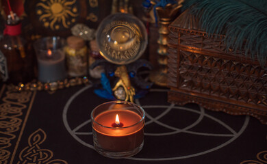 Magical scene, esoteric concept, fortune telling, tarot cards on a table	