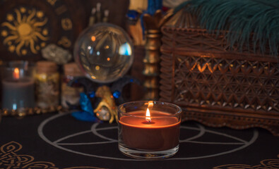 Magical scene, esoteric concept, fortune telling, tarot cards on a table	